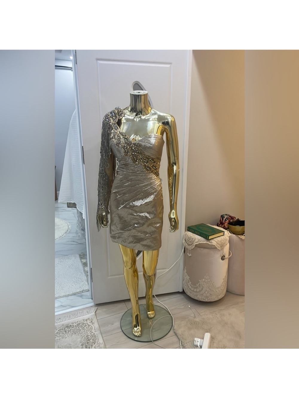One-Shoulder Metallic Gold Sequin Cocktail Dress